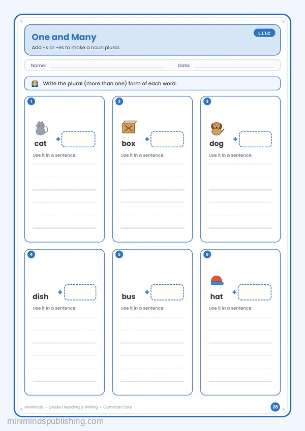 One and Many — free printable 1st Grade reading & writing worksheet for ages 6-7 (Common Core L.1.1.C)