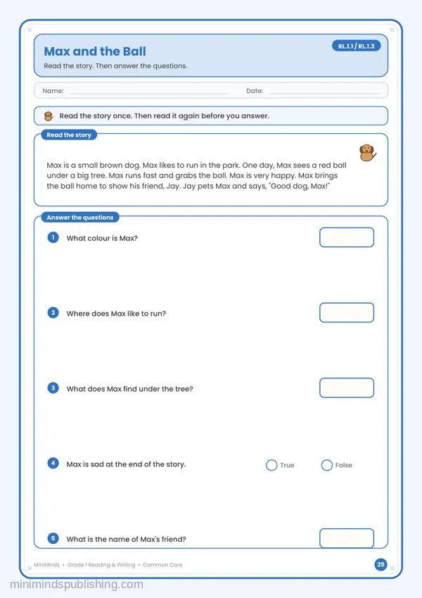 Max and the Ball — free printable 1st Grade reading & writing worksheet for ages 6-7 (Common Core RL.1.1, RL.1.3)