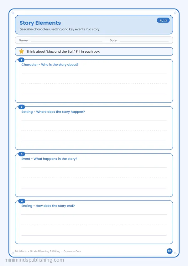 Story Elements — free printable 1st Grade reading & writing worksheet for ages 6-7 (Common Core RL.1.3)