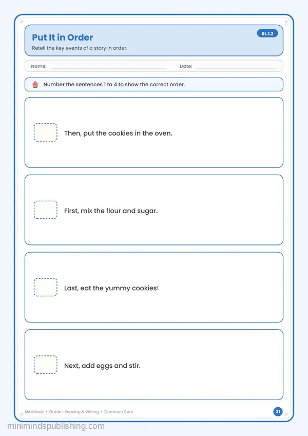 Put It in Order — free printable 1st Grade reading & writing worksheet for ages 6-7 (Common Core RL.1.2)
