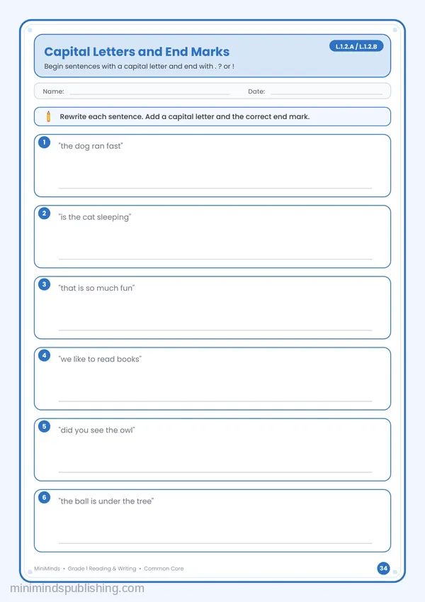 Capital Letters and End Marks — free printable 1st Grade reading & writing worksheet for ages 6-7 (Common Core L.1.2.A, L.1.2.B)