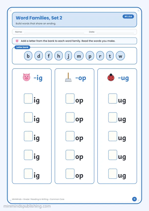 Word Families, Set 2 — free printable 1st Grade reading & writing worksheet for ages 6-7 (Common Core RF.1.3.B)