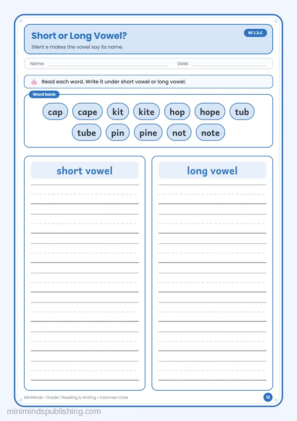 Short or Long Vowel? — free printable 1st Grade reading & writing worksheet for ages 6-7 (Common Core RF.1.3.C)