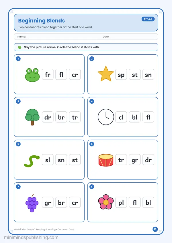 Beginning Blends — free printable 1st Grade reading & writing worksheet for ages 6-7 (Common Core RF.1.2.B)