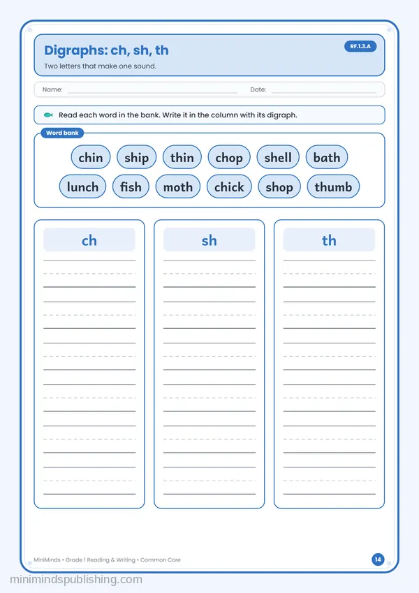 Digraphs: ch, sh, th — free printable 1st Grade reading & writing worksheet for ages 6-7 (Common Core RF.1.3.A)
