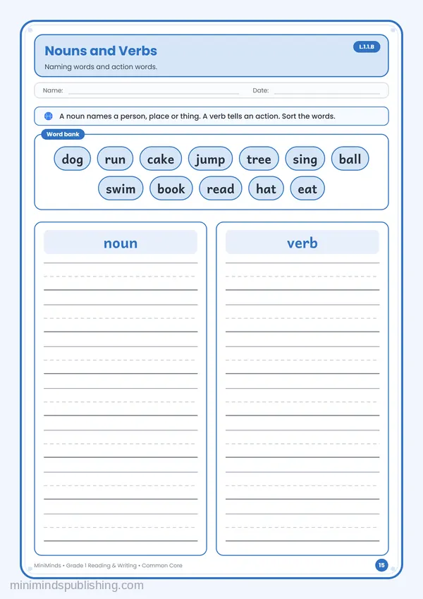 Nouns and Verbs — free printable 1st Grade reading & writing worksheet for ages 6-7 (Common Core L.1.1.B)