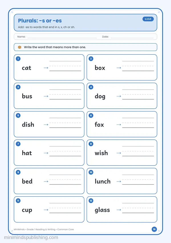 Plurals: -s or -es — free printable 1st Grade reading & writing worksheet for ages 6-7 (Common Core L.1.1.C)