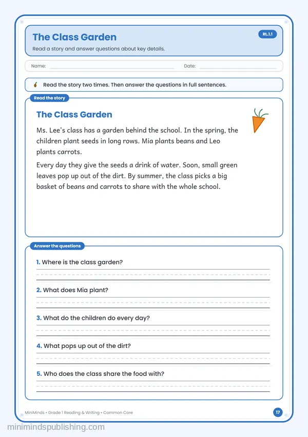 The Class Garden — free printable 1st Grade reading & writing worksheet for ages 6-7 (Common Core RL.1.1)