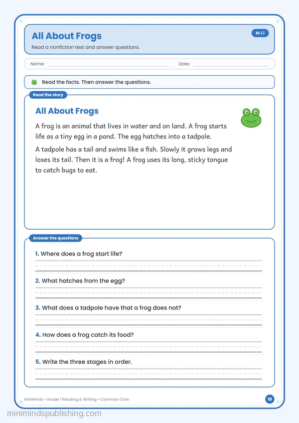 All About Frogs — free printable 1st Grade reading & writing worksheet for ages 6-7 (Common Core RI.1.1)