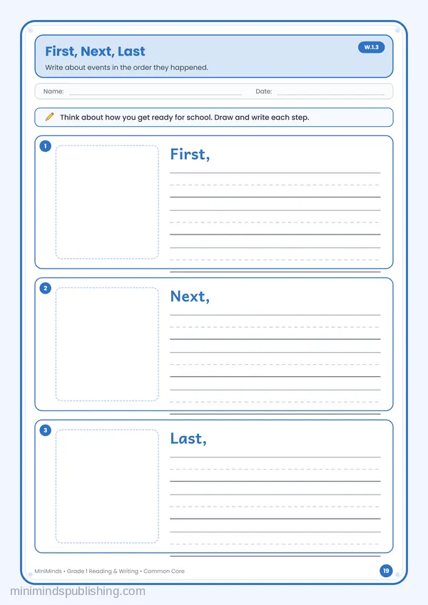 First, Next, Last — free printable 1st Grade reading & writing worksheet for ages 6-7 (Common Core W.1.3)
