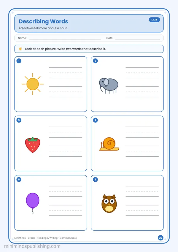 Describing Words — free printable 1st Grade reading & writing worksheet for ages 6-7 (Common Core L.1.1.F)