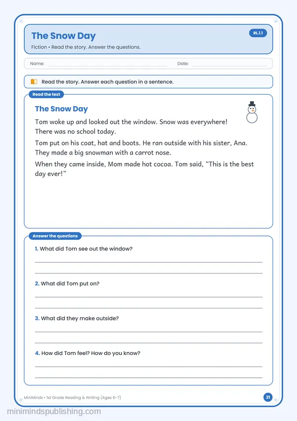 The Snow Day — free printable 1st Grade reading & writing worksheet for ages 6-7 (Common Core RL.1.1)