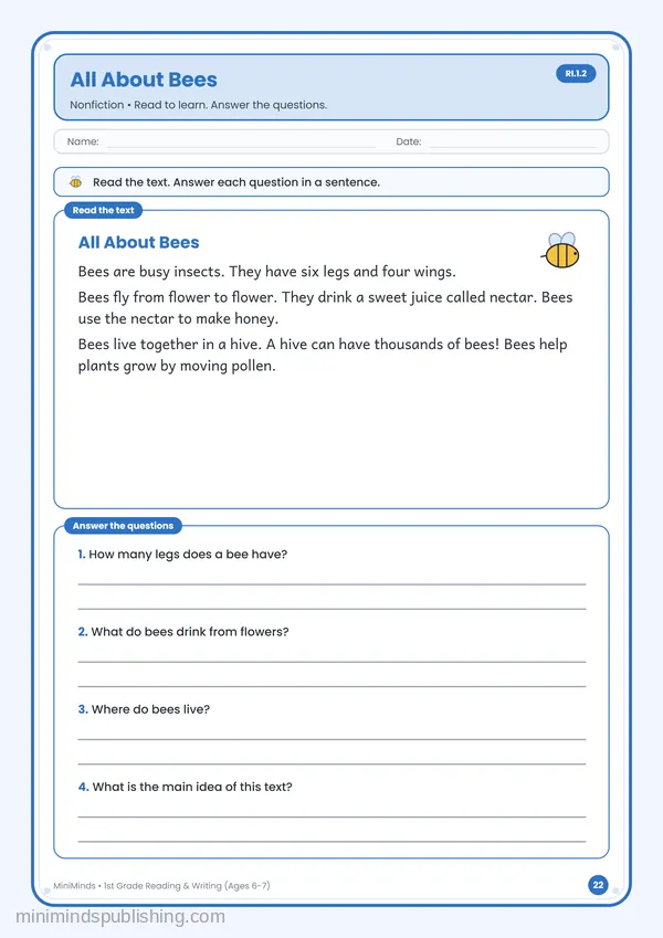 All About Bees — free printable 1st Grade reading & writing worksheet for ages 6-7 (Common Core RI.1.2)