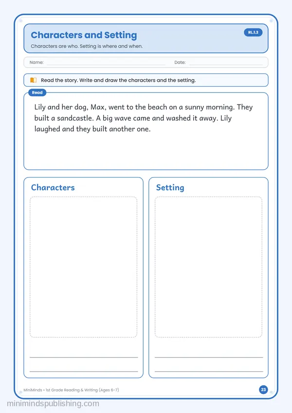 Characters and Setting — free printable 1st Grade reading & writing worksheet for ages 6-7 (Common Core RL.1.3)