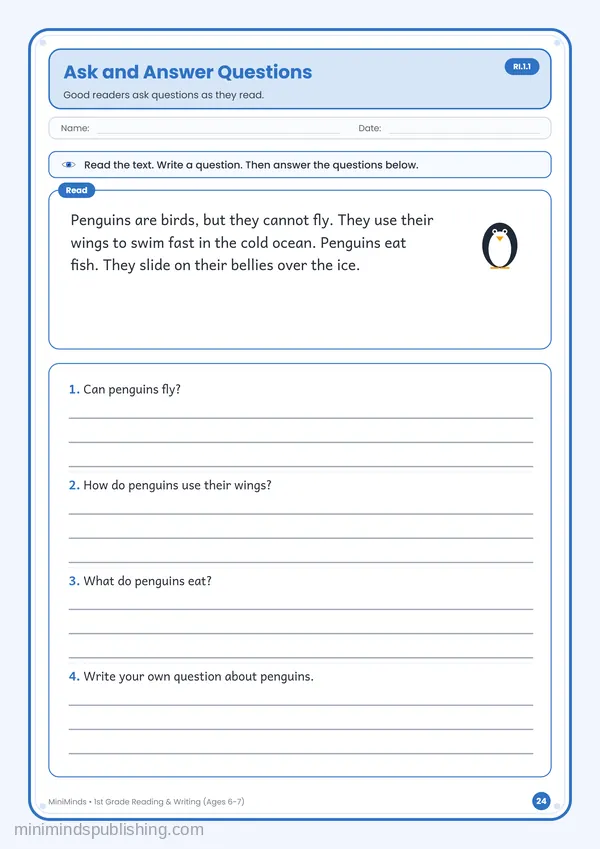 Ask and Answer Questions — free printable 1st Grade reading & writing worksheet for ages 6-7 (Common Core RI.1.1)