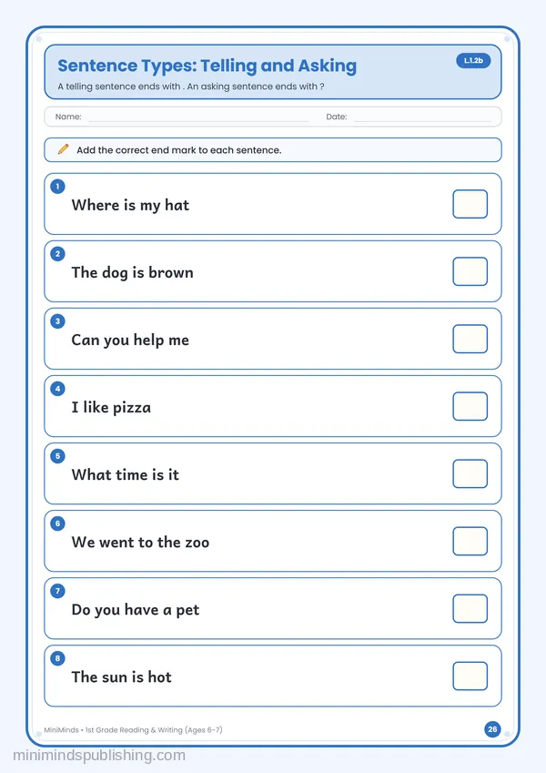 Sentence Types: Telling and Asking — free printable 1st Grade reading & writing worksheet for ages 6-7 (Common Core L.1.2b)