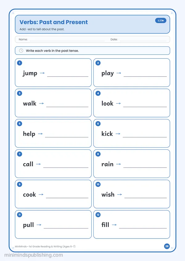 Verbs: Past and Present — free printable 1st Grade reading & writing worksheet for ages 6-7 (Common Core L.1.1e)