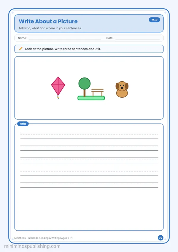 Write About a Picture — free printable 1st Grade reading & writing worksheet for ages 6-7 (Common Core W.1.3)