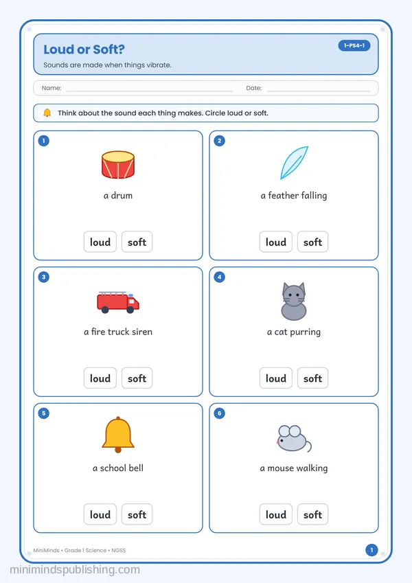 Loud or Soft? — free printable 1st Grade worksheet