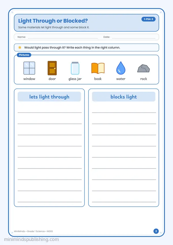 Light Through or Blocked? — free printable 1st Grade worksheet
