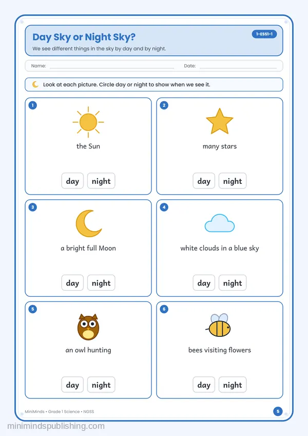Day Sky or Night Sky? — free printable 1st Grade worksheet