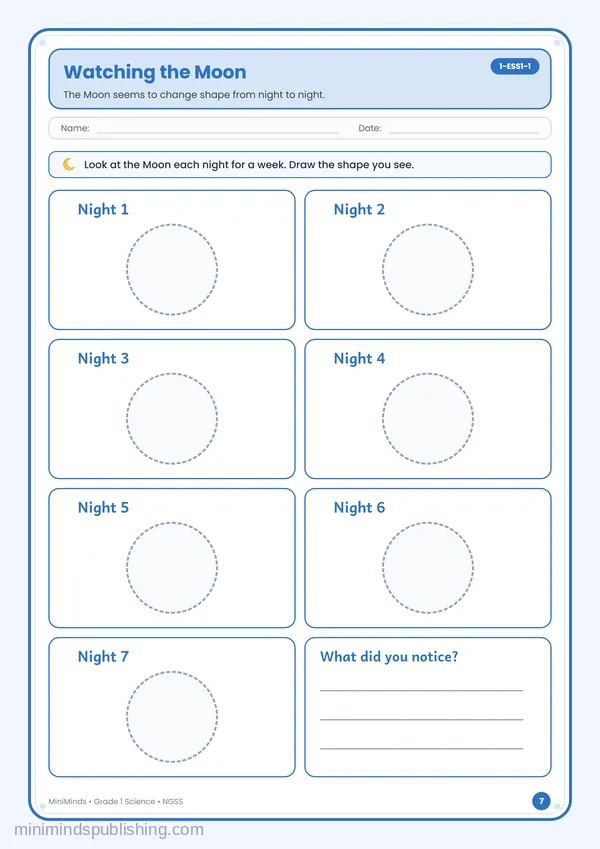 Watching the Moon — free printable 1st Grade worksheet