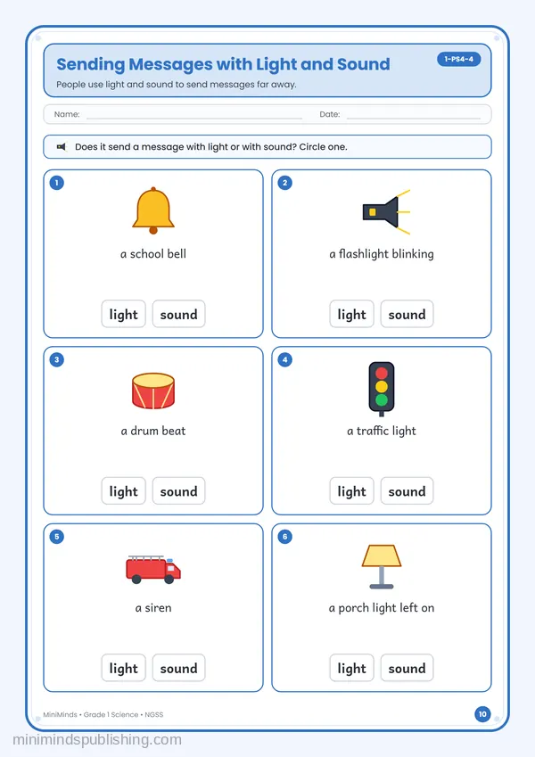 Sending Messages with Light and Sound — free printable 1st Grade worksheet