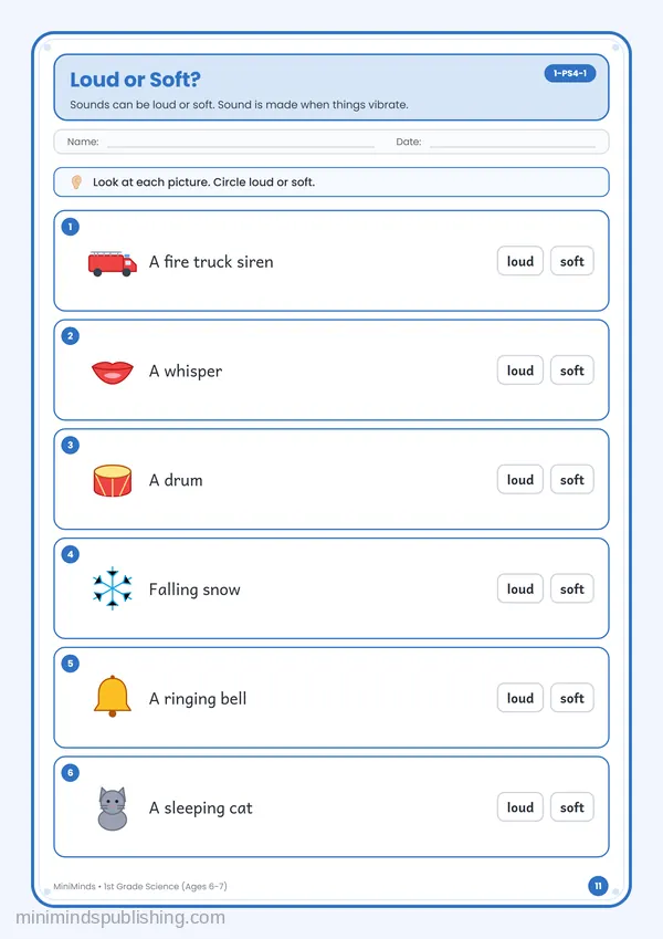Loud or Soft? — free printable 1st Grade worksheet