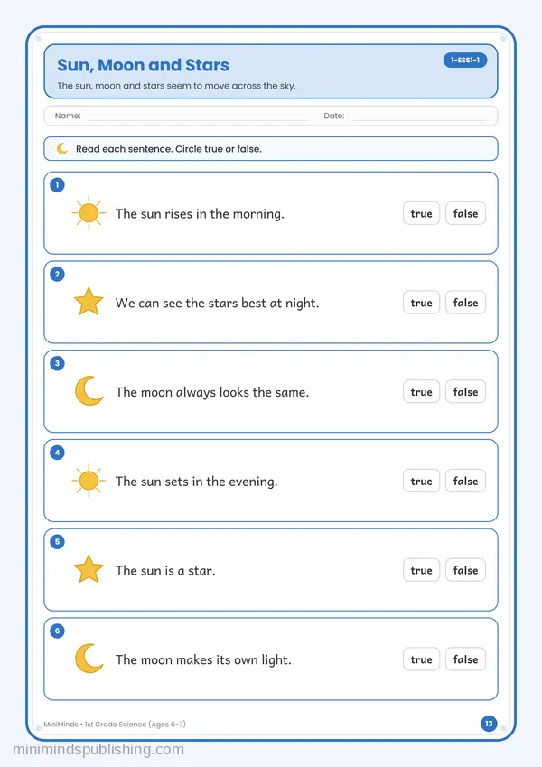 Sun, Moon and Stars — free printable 1st Grade worksheet