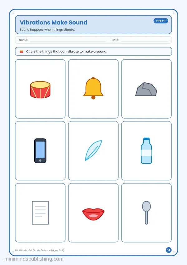 Vibrations Make Sound — free printable 1st Grade worksheet