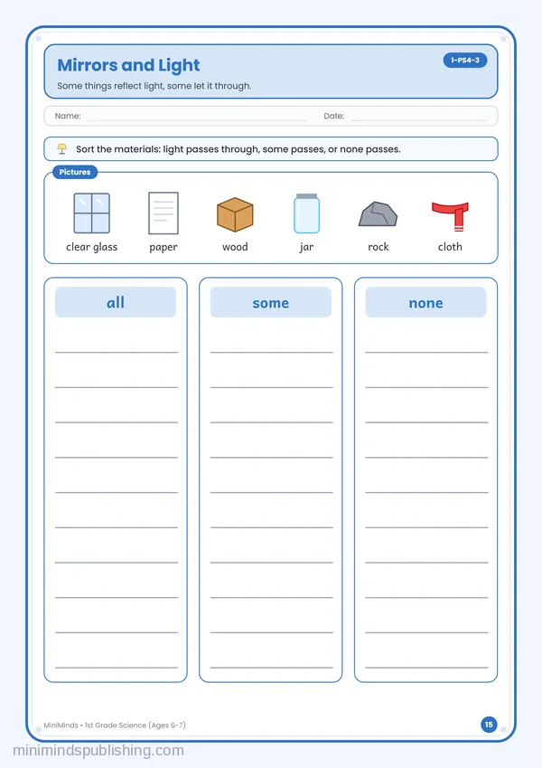 Mirrors and Light — free printable 1st Grade worksheet