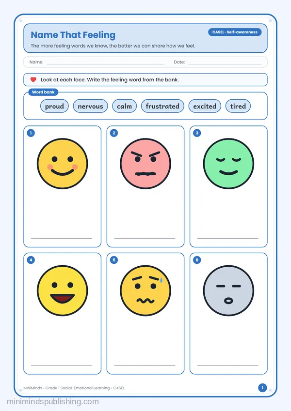 Name That Feeling — free printable 1st Grade worksheet