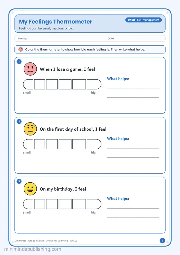 My Feelings Thermometer — free printable 1st Grade worksheet