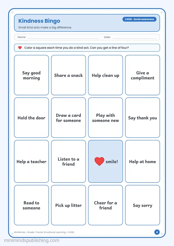 Kindness Bingo — free printable 1st Grade worksheet