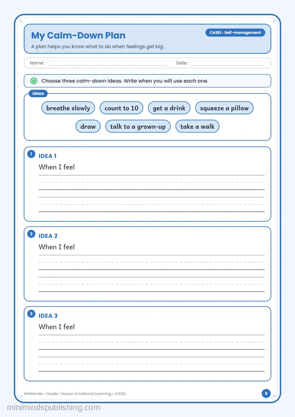 My Calm-Down Plan — free printable 1st Grade worksheet