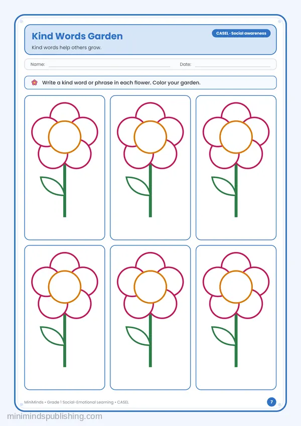Kind Words Garden — free printable 1st Grade worksheet