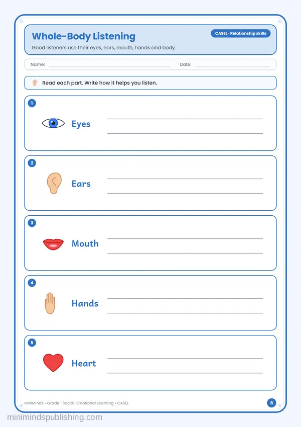 Whole-Body Listening — free printable 1st Grade worksheet