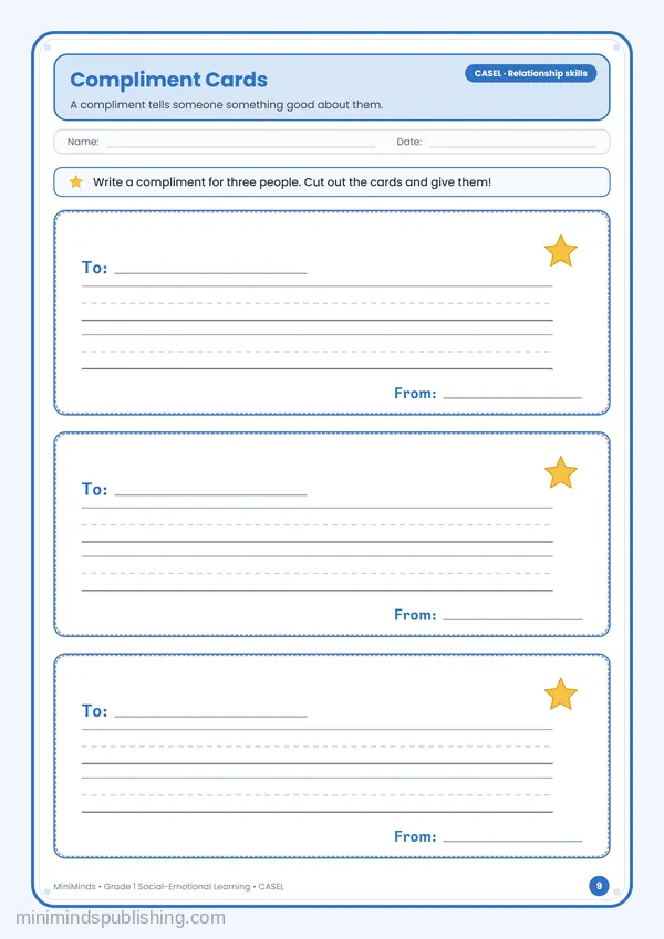 Compliment Cards — free printable 1st Grade worksheet