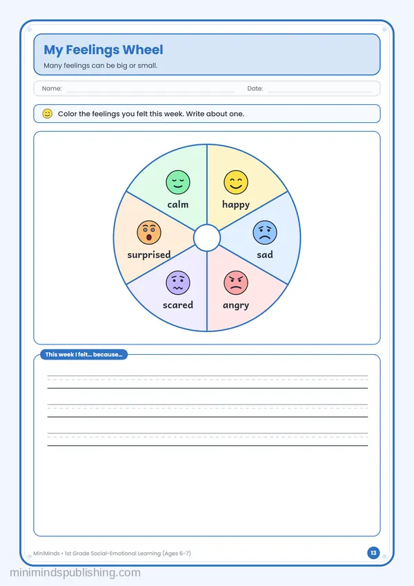 My Feelings Wheel — free printable 1st Grade worksheet