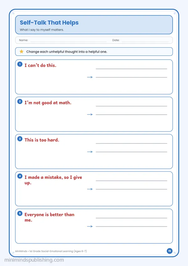 Self-Talk That Helps — free printable 1st Grade worksheet
