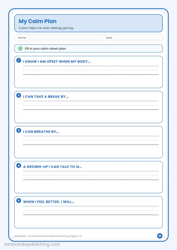 My Calm Plan — free printable 1st Grade worksheet