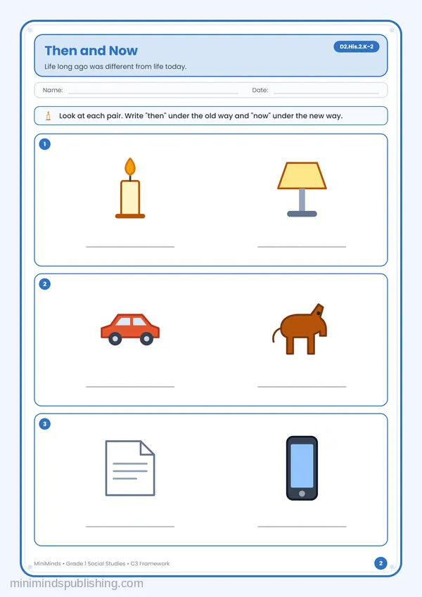Then and Now — free printable 1st Grade worksheet