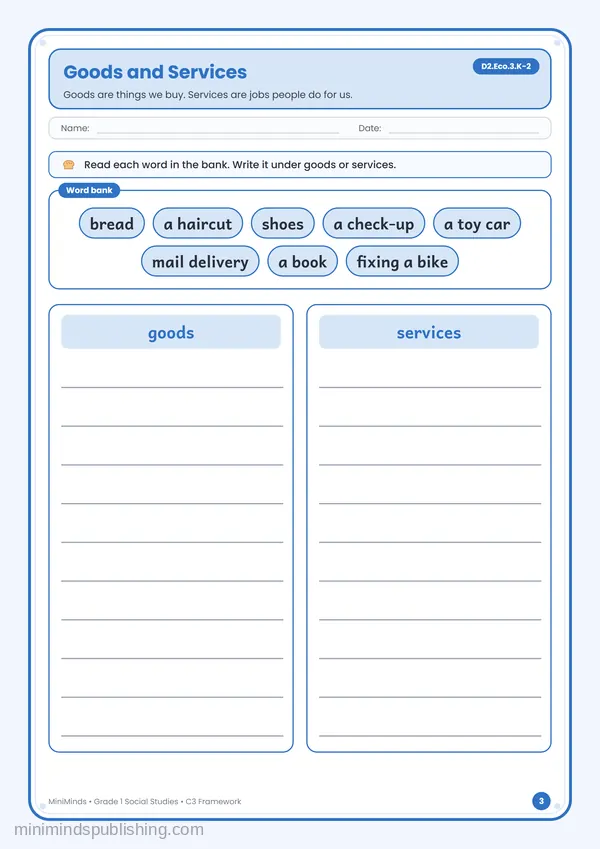 Goods and Services — free printable 1st Grade worksheet