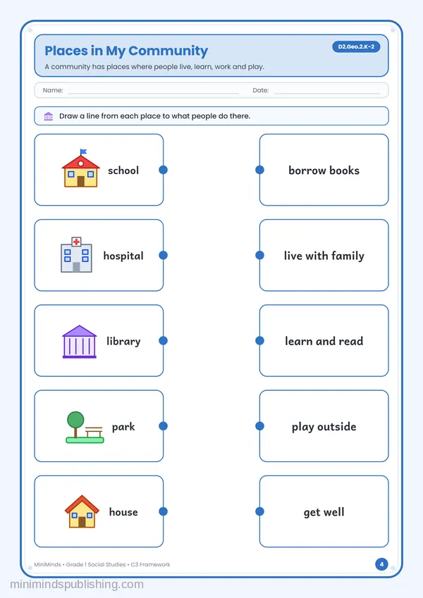 Places in My Community — free printable 1st Grade worksheet