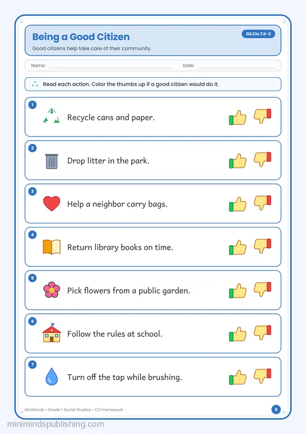 Being a Good Citizen — free printable 1st Grade worksheet