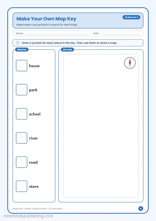 Make Your Own Map Key — free printable 1st Grade worksheet