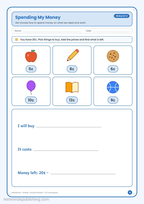 Spending My Money — free printable 1st Grade worksheet