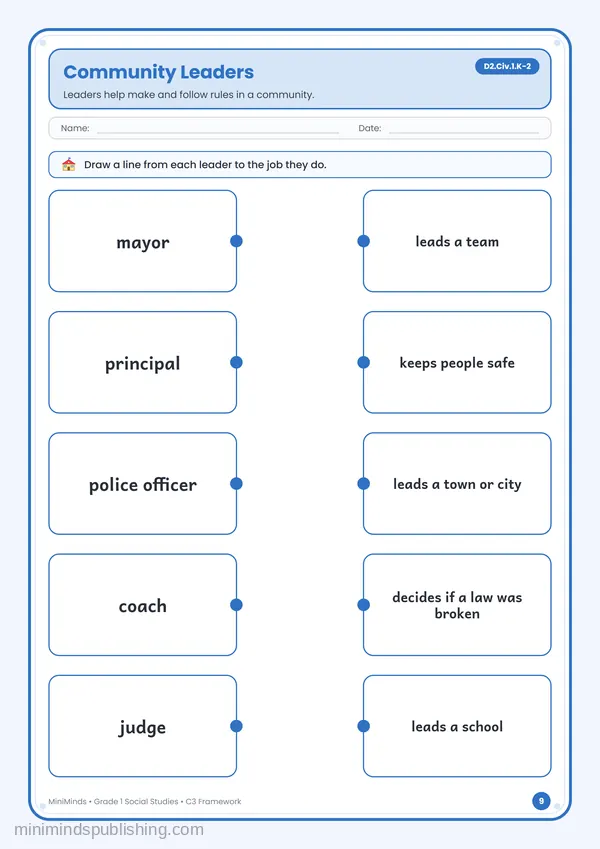 Community Leaders — free printable 1st Grade worksheet