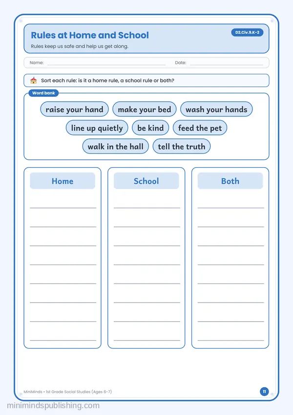 Rules at Home and School — free printable 1st Grade worksheet