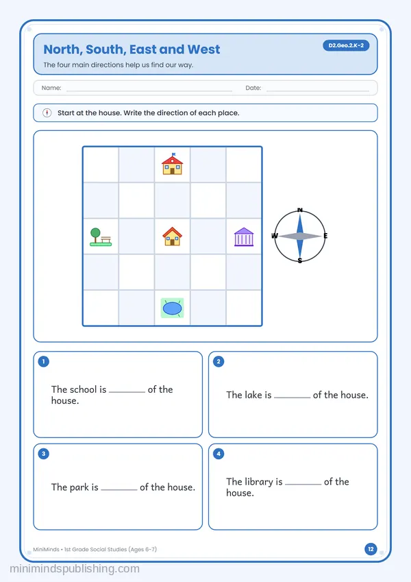 North, South, East and West — free printable 1st Grade worksheet